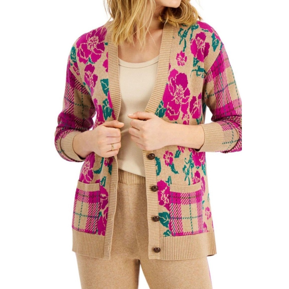 Gloral Plaid Cardigan Tan Pink Green Small cottage whimsigoth fairy boho granny